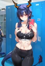 aftermath ai_generated ch'en_(arknights) cum gym_storeroom selfie semen_on_body