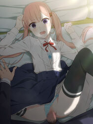 1boy black_legwear censored clothed_sex eyebrows_visible_through_hair female koi_to_uso long_sleeves long_twintails male_pubic_hair mosaic_censoring mushiro_(nijie728995) open_mouth panties panties_aside penis pillow pov pov_eye_contact pubic_hair pussy pussy_juice rape sanada_ririna sex skirt spread_legs straight striped striped_panties thighhighs twintails underwear vaginal_penetration