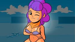 beach bikini brawl_stars female_focus purple_bikini purple_hair shelly_(brawl_stars) supercell supporting_breasts