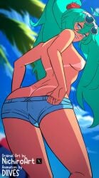 1girls 2024 animated areola ass big_ass blue_eyes blue_hair brazilian brazilian_miku breasts cyan_hair diives female female_only hair hatsune_miku hi_res latin_american_hatsune_miku_(meme) long_hair looking_at_viewer looking_back no_panties nopan pussy shorts shorts_down smile sunglasses tan tan_body tanline tongue tongue_out topless twintails vocaloid