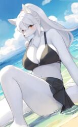 1girls anthro beach blush breasts canid canine clothed clothing female female_only fox fur hair hi_res kemono lcshian looking_at_viewer mammal orange_eyes sand seaside sitting smile smiling smiling_at_viewer solo water white_body