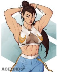 acezdib blue_pants brown_hair chun-li hair_bun muscular muscular_female pants street_fighter