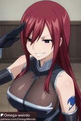 ai_generated big_breasts bodysuit brainwashed corruption empty_eyes erza_scarlet evil_smile fairy_tail long_hair no_pupils obedient omega-weirdo patreon red_hair salute saluting slave smile tattoo