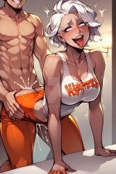 1boy 1girl abs ai_generated bent_over blue_eyes doggy_style hooters hooters_uniform munchmee muscular_male tongue_out white_hair