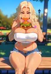 ai_generated bench blonde_hair blurry_background breasts burger chubby chubby_female denim_shorts eating eating_food gyaru hotpants huge_breasts jagat_ai long_hair long_nails looking_at_viewer navel nipple_bulge nipples nipples_visible_through_clothing original original_character outdoors painted_nails park plump pubic_hair pubic_hair_peek revealing_clothes short_shorts sitting tan tan_body tanned thick_thighs unzipped unzipped_pants unzipped_shorts