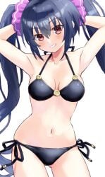 1girls armpits arms_behind_head big_breasts bikini black_bikini black_hair breasts busty cleavage confident female female_only grin highres large_breasts legs looking_at_viewer navel neptunia_(series) noire o-ring o-ring_bikini pointy_chin pose posing red_eyes scrunchie seductive seductive_look seductive_smile sensual smile solo swimsuit thighs twintails