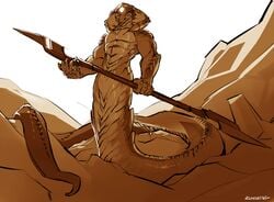 anthro invalid_tag looking_at_viewer male melee_weapon monochrome muscular naga pecs polearm reptile scalie signature simple_background snake solo spear standing tongue tongue_out weapon zummeng