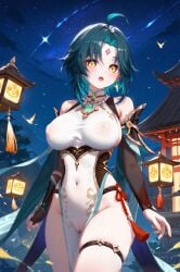 1girls absurd_res ahoge ai_generated asymmetrical_clothes bangs bare_shoulders bead_necklace beads blush breasts covered_navel covered_nipples forehead_mark genderswap_(mtf) genshin_impact lantern large_breasts looking_at_viewer ministro necklace night night_sky outdoors rule_63 short_hair slit_pupils solo xiao_(genshin_impact)