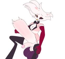 anal angel_dust_(hazbin_hotel) anthro black_sclera clothed dildo dildo_in_ass dildo_insertion femboy jasper_the_bat_(artist) penis red_eyes spider stomach_bulge yellow_sclera