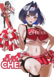 2girls absurd_res bay_(nikke) breasts cheerleader cheerleader_uniform female female_only goddess_of_victory:_nikke hi_res hololive hololive_english kronie_(ouro_kronii) large_breasts looking_at_viewer otapic ouro_kronii pom_poms skirt thighs virtual_youtuber wide_hips