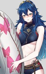 1girls alternate_costume ameno_(a_meno0) animal_print bare_arms bare_shoulders bikini blue_bikini blue_eyes blue_hair blue_swimsuit blush brand_of_the_exalt breasts butterfly_print female female_only fire_emblem fire_emblem_awakening fire_emblem_cipher grey_background holding holding_swim_ring inflatable_toy innertube long_hair looking_at_viewer lucina_(fire_emblem) medium_breasts navel nintendo official_alternate_costume simple_background solo swim_ring swimsuit symbol-shaped_pupils tiara underboob very_long_hair wardrobe_malfunction