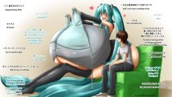 1boy 1girls ass_bigger_than_head blue_hair breasts_bigger_than_head breasts_bigger_than_torso bursting_breasts enormous_breasts hatsune_miku hyper hyper_ass hyper_breasts hyper_legs larger_female long_legs mini_giantess smaller_male tagme talking text twintails ultratofunii urutoratofunii vocaloid