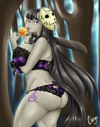 2016 anthro anthrofied ass big_breasts big_butt bra breasts chango-tan clothing costume cutie_mark equine eyelashes female food friendship_is_magic grey_hair hair halloween heart hi_res hockey_mask holidays horse huge_breasts licking lingerie long_hair looking_at_viewer machete mammal mask melee_weapon midriff my_little_pony nipple_bulge octavia_(mlp) octavia_melody panties pony popsicle purple_eyes solo tongue tongue_out underwear weapon