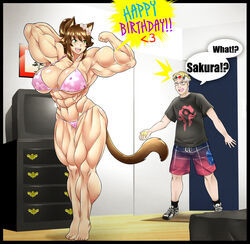 abs animal_ears biceps big_muscles bikini breasts brown_hair catgirl female flexing green_eyes happy_birthday large_breasts male muscles muscular_female navel skyraptor tail thong