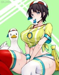 1girls absurd_res black_hair breasts duck female female_focus hi_res hololive jrpuls3 large_breasts looking_at_viewer midriff oozora_subaru thighhighs thighs virtual_youtuber whistle wide_hips