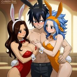 1boy 2girls ai_generated black_hair blue_hair brown_hair bunny_costume bunny_girl bunnysuit cana_alberona fairy_tail gray_fullbuster levy_mcgarden threesome throuple