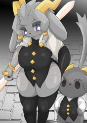 anthro biped blue_eyes blush breasts butler_(pseudoregalia) clothed clothing female fur grey_body grey_fur hips larger_female leggings legs male male/female mammal pseudoregalia pupils size_difference smaller_male sybil_(pseudoregalia) type wide_hips