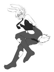 after_sex arms_behind_back battle_bunny_riven blush bound bound_wrists bunnysuit cum feet greyscale highres league_of_legends less monochrome necktie pantyhose riven tearing_up torn_clothes torn_pantyhose worried