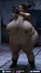 1girls 3d bbw belly big_belly big_breasts breasts brown_hair capcom fat female gun huge_breasts jill_valentine lykoxxx nipples obese overweight overweight_female resident_evil sagging_breasts solo solo_female solo_focus