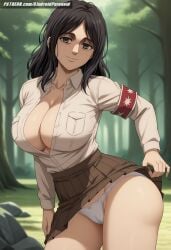 ai_generated aindroidparanoid attack_on_titan big_breasts black_eyes black_hair breasts busty cameltoe cleavage curvy exhibitionism forest huge_breasts jacket large_breasts lifting_shirt messy_hair narrow_waist open_clothes open_shirt outdoors panties pieck_finger shingeki_no_kyojin shirt skirt slim_waist smile soldier stable_diffusion straight_hair tired_eyes voluptuous warrior