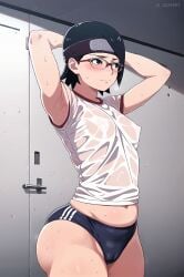 1girls ai_generated ai_xxxpert armpits arms_behind_head bare_arms bare_belly bare_legs bare_midriff bare_shoulders bare_skin bare_waist belly belly_button black_eyes black_hair black_hair_female black_shorts blush boruto:_naruto_next_generations breasts buruma cameltoe chubby chubby_belly cleavage collarbone elbows embarrassed embarrassed_female erect_nipples erect_nipples_under_clothes excercising female female_focus female_only glasses groin hands_behind_head headband legs light-skinned_female light_skin looking_at_another navel nipples nipples_visible_through_clothing sarada_uchiha short_hair shorts shoulders sideboob small_breasts solo sports_shorts sportswear standing sweat sweatdrop sweating sweaty sweaty_armpits sweaty_body teenage_girl teenager thick_thighs thighs underboob upper_body v-line waist wet wet_clothes wet_clothing wet_panties wide_hips worried worried_expression