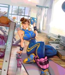 big_breasts big_thighs brown_eyes brown_hair capcom chun-li gym muscular_female street_fighter street_fighter_alpha weights