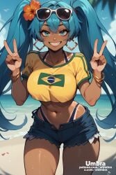 1girls ai_generated aiumbra blue_hair brazil brazilian brazilian_female brazilian_miku female female_focus female_only grin hatsune_miku high_resolution highres horny large_breasts naughty_face self_upload smile smug stable_diffusion stomach tan_body tan_skin tanline tanlines thick_thighs vocaloid