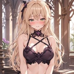 ai_generated blonde_hair blush blush blushing_at_viewer blushing_profusely bra embarrassed female female female_only fischl_(genshin_impact) genshin_impact green_eyes long_hair medium_breasts nipple_bulge nipple_bumps nipple_outline shy