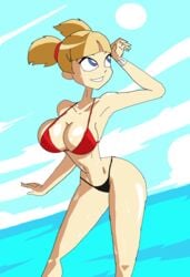 1girls aged_up arms_up bare_shoulders big_breasts bikini bikini_bottom bikini_top blonde_hair blue_eyes bracelet busty cleavage curvy day detailed_background female female_only front_view gadget_and_the_gadgetinis hourglass_figure human inspector_gadget large_breasts looking_up manic47 midriff ocean older outdoor outside penny_gadget shiny shiny_skin short_hair solo standing straight_hair sun sweat swimsuit teenage tied_hair twintails voluptuous water wide_hips yellow_hair