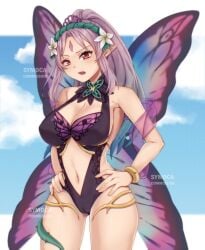 1girls alternate_costume black_one-piece_swimsuit black_swimsuit cleavage fairy fairy_wings fire_emblem fire_emblem_heroes grey_hair hands_on_hips large_breasts looking_at_viewer nintendo official_alternate_costume one-piece_swimsuit outdoors plumeria_(fire_emblem) plumeria_(summer)_(fire_emblem) red_eyes swimsuit symoca thighs