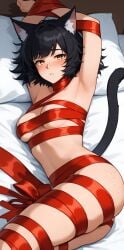 ai_generated arms_above_head arms_up ass bankonit bed black_hair blush cat_ears catgirl covered_nipples freckles freckles_on_ass freckles_on_chest freckles_on_face in_bed legs_together lying_on_side medium_breasts midriff on_bed on_side original_character parted_lips red_ribbon ribbon_bondage ribbons short_hair stable_diffusion tail tied_arms tied_legs yellow_eyes