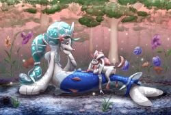 anus duo eeveelution female female/female feral fingering flower forest generation_6_pokemon generation_7_pokemon genitals hi_res looking_at_another looking_at_partner nintendo open_mouth plant pokemon pokemon_(species) pond primarina pussy sylveon tail touching_pussy tree withthefur