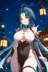 1girls absurd_res ahoge ai_generated asymmetrical_clothes bangs bare_shoulders bead_necklace beads blush breasts covered_navel covered_nipples forehead_mark genderswap_(mtf) genshin_impact lantern large_breasts looking_at_viewer ministro necklace night night_sky outdoors rule_63 short_hair slit_pupils solo xiao_(genshin_impact)