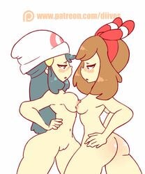 2girls animated ass asymmetrical_docking blue_eyes blue_hair blush breast_rub breast_size_difference brown_hair dawn_(pokemon) diives female_only hairless_pussy hands_on_hips hourglass_figure human human_only lesbian may_(pokemon) may_(pokemon_oras) multiple_girls navel nintendo nipples nude nude_female patreon pokemon pokemon_dppt pokemon_oras pussy sexfight shiny_skin small_breasts spread_legs titfight white_background yuri