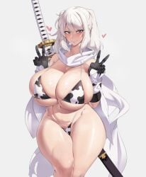 1girls absurd_res breasts cervina7_(artist) cow_print female female_only hi_res large_breasts looking_at_viewer monster_hunter monster_hunter_world original original_character solo thick_thighs thighs white_background white_hair wide_hips