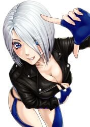 angel_(kof) bending_forward bent_forward blue_eyes buttons cleavage cute female gloves jacket king_of_fighters light-skinned_female light_skin pointing short_hair smile thong white_hair