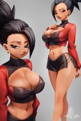 black_eyes black_hair boob_window crop_top_jacket dark-skinned_female dragon_ball dragon_ball_super earrings elitenappa hoop_earrings kale leather midriff ponytail saiyan skirt smile tan_body thighs