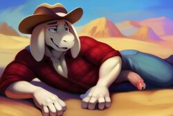 abs ai_generated anthro asriel_dreemurr cowboy desert diplive7 exposed_penis furry genitals jeans laying_down laying_on_ground male male_only penis penis_exposed penis_out plaid plaid_shirt pleasure_face sand tagme undertale