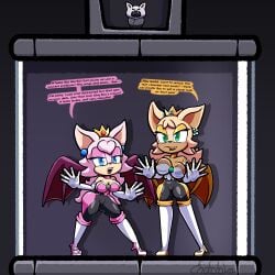 anthro bat chabble dialogue english_text mario_(series) pink_fur post_transformation power_up pressed_against princess_daisy princess_peach rouge_the_bat sonic_(series) sonic_the_hedgehog_(series) super_mario_bros. text text_bubble