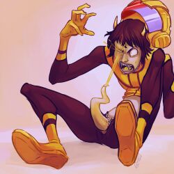 artist_request black_hair fluffy_hair grey_skin homestuck homestuck_troll horns male mituna_captor peeing penis shocked_expression sitting_on_floor unusual_genitalia unzipped_pants yellow_cum yellow_penis