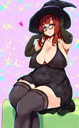 :3 areolae armpits black_gloves black_legwear blue_eyes blush breasts cleavage covered_navel elbow_gloves female female glasses gloves hat highres huge_breasts lace-trimmed_thighhighs lips long_breasts long_hair looking_at_viewer navel nipples no_bra no_panties no_underwear original plump pubic_hair pussy red_hair sagging_breasts see-through sitting solo thick_thighs thighhighs thighs uncensored wide_hips witch witch_hat yosyo