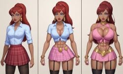 ai_generated areola_slip big_lips bimbo bimbofication choker dress_shirt large_breasts mini_skirt miniskirt narrow_waist round_breasts shiny_skin thick_thighs thigh_gap transformation transformation_sequence wide_hips