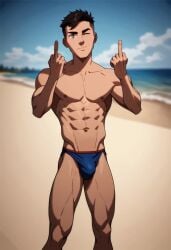 1boy ai_generated conner_kent gay male_only middle_finger solo speedo superboy superboy_(conner_kent) tagme twink young_justice