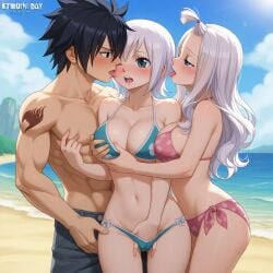 1boy 2girls ai_generated bikini black_hair fairy_tail gray_fullbuster lisanna_strauss long_hair mirajane_strauss short_hair sisters threesome throuple white_hair