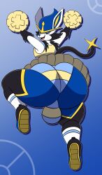 absurd_res anthro bottomwear bulge cheering cheerleader cinderace clothing footwear fusion generation_4_pokemon generation_8_pokemon hi_res luxray male mechaclank nintendo original_character pokemon pokemon_(species) shirt simple_background skirt socks solo tank_top topwear