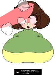 1boy 1girl 1girls 2d animated animated_gif asriel_dreemurr beat_banger bouncing_breasts breasts chara darkynsfw drooling eyes_wide_open female gif green_shirt huge_breasts huge_cock lastminutename short_hair staring_at_penis steamy_penis text text_box toriel_beat_banger undertale undertale_(series)