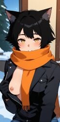 ai_generated bankonit barbell_piercing black_hair blush cat_ears catgirl clothed coat cold freckles freckles_on_chest freckles_on_face gloves jeans looking_at_viewer medium_breasts mostly_clothed nipples open_clothes open_coat original_character outdoors pierced_nipples revealing_breasts scarf short_hair smile smirk stable_diffusion tail tease teasing winter yellow_eyes