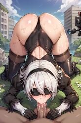 ai_generated ass ass_up blowjob blush nier:_automata pov pov_male sloppy sloppy_blowjob sweat sweatdrop sweating white_hair yorha_2b