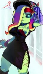 1girls acht_(splatoon) black_dress bonne bra bracelet breasts cap clothing dedf1sh dress green_skin hat lifting_glasses lifting_sunglasses looking_at_viewer octoling octoling_girl red_bra sanitized_(splatoon) sanitized_octoling shades solo solo_female solo_focus splatoon splatoon_(series) splatoon_3 splatoon_3:_side_order tentacle tentacle_hair underwear