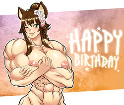 abs animal_ears big_muscles blush breasts brown_hair catgirl extreme_muscles female green_eyes large_breasts looking_at_viewer muscles muscular_female navel nipples one_eye_closed pose skyraptor solo